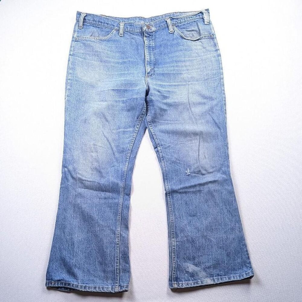 1960s Boot Cut Flare Blue Jeans Size 39*27 Faded Whiskered Farm Jeans Scovill